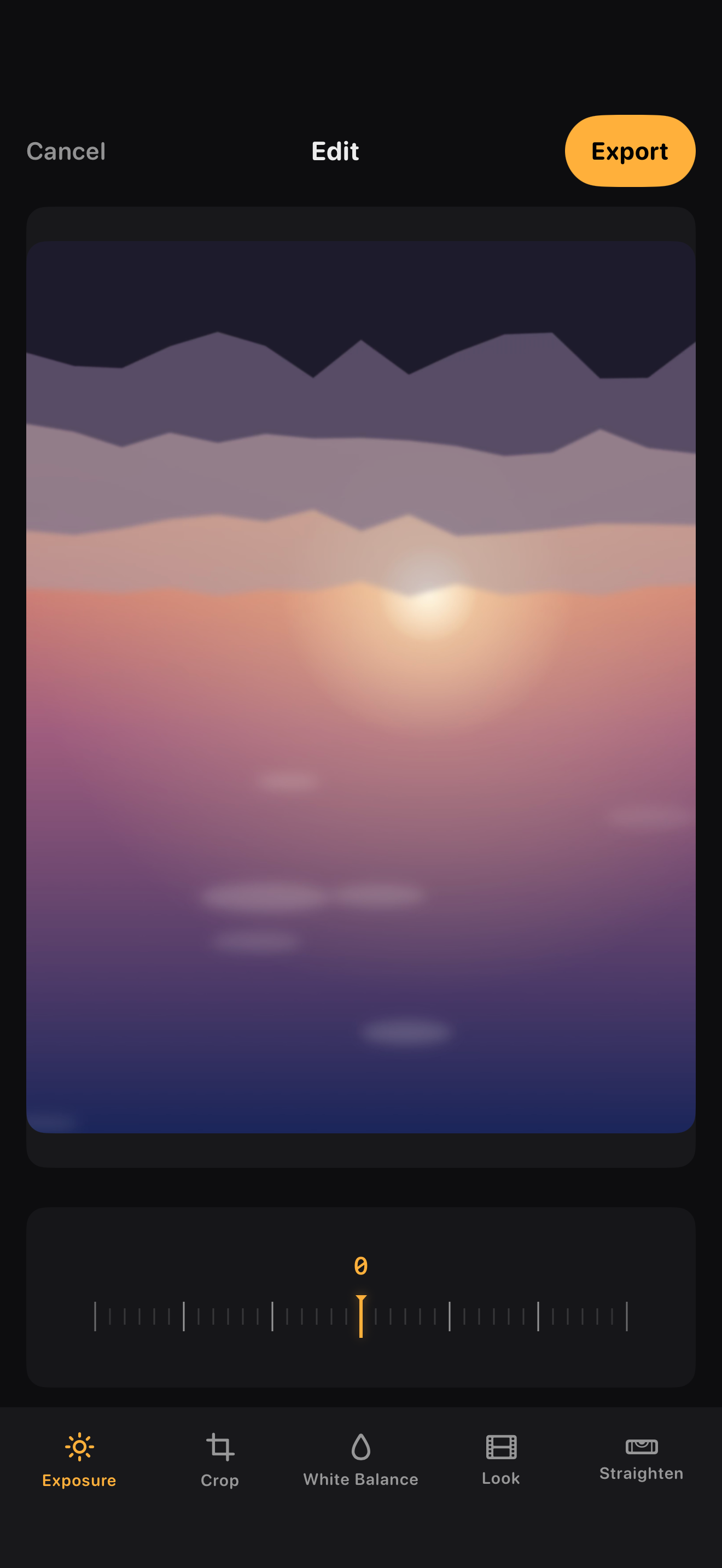 Scatto's Quick Edit screen with sliders for exposure and white balance